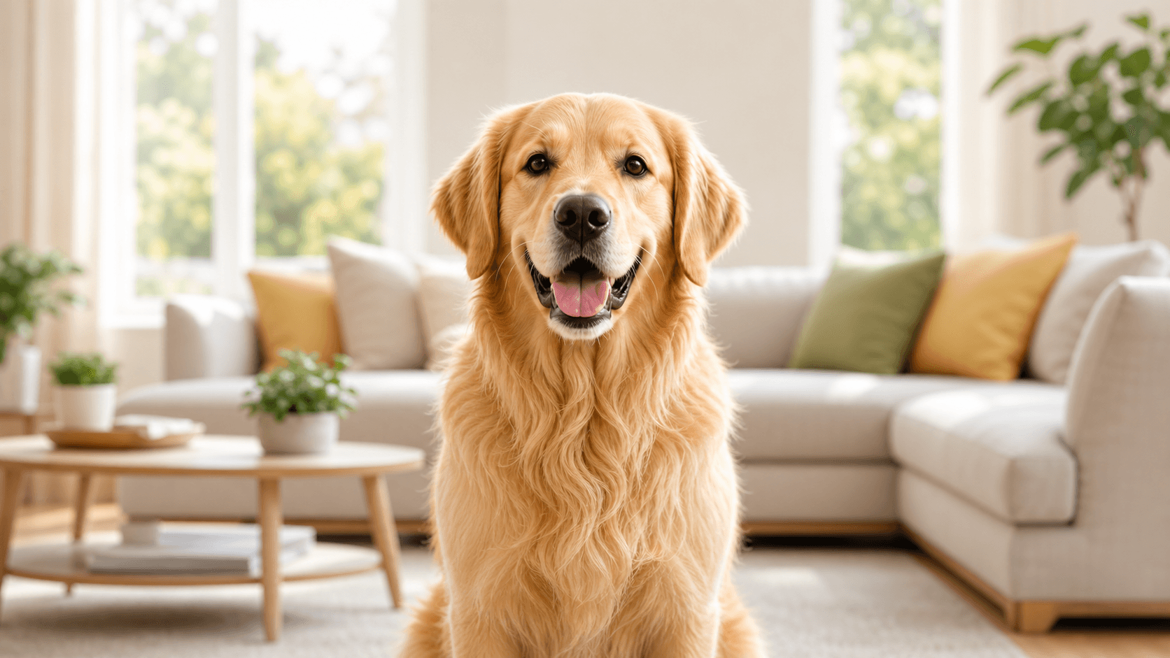 Friendly golden retriever sitting in a bright living room